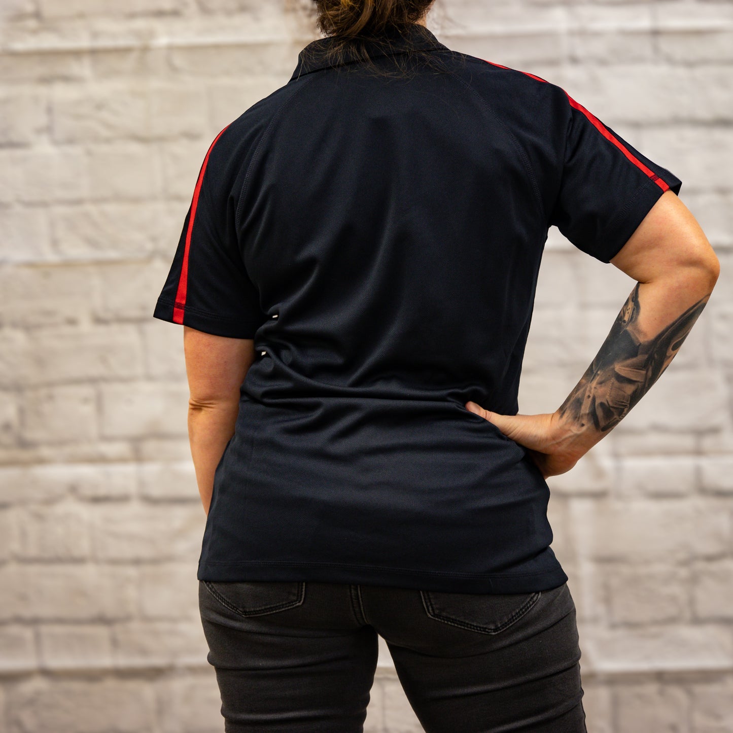 Ladies Red Striped Performance Polo